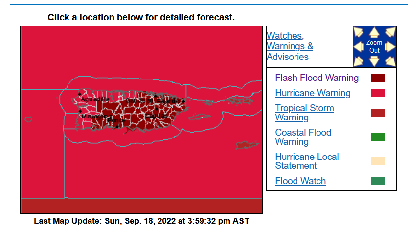 NWS flash flood warnings for Puerto Rico on Sunday 18 September 2022