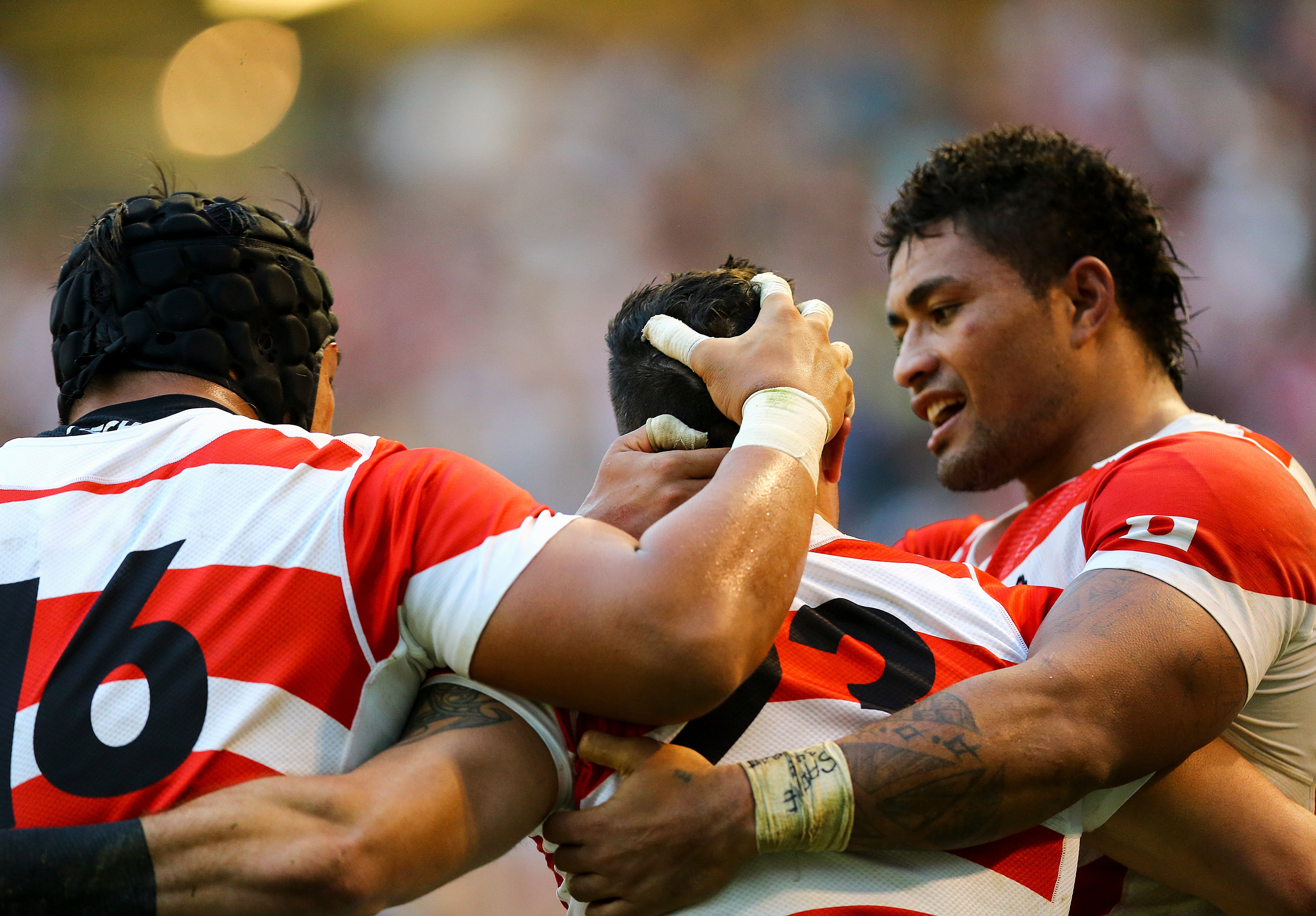 Japan celebrated one of the Rugby World Cup’s greatest upsets (Gareth Fuller/PA)