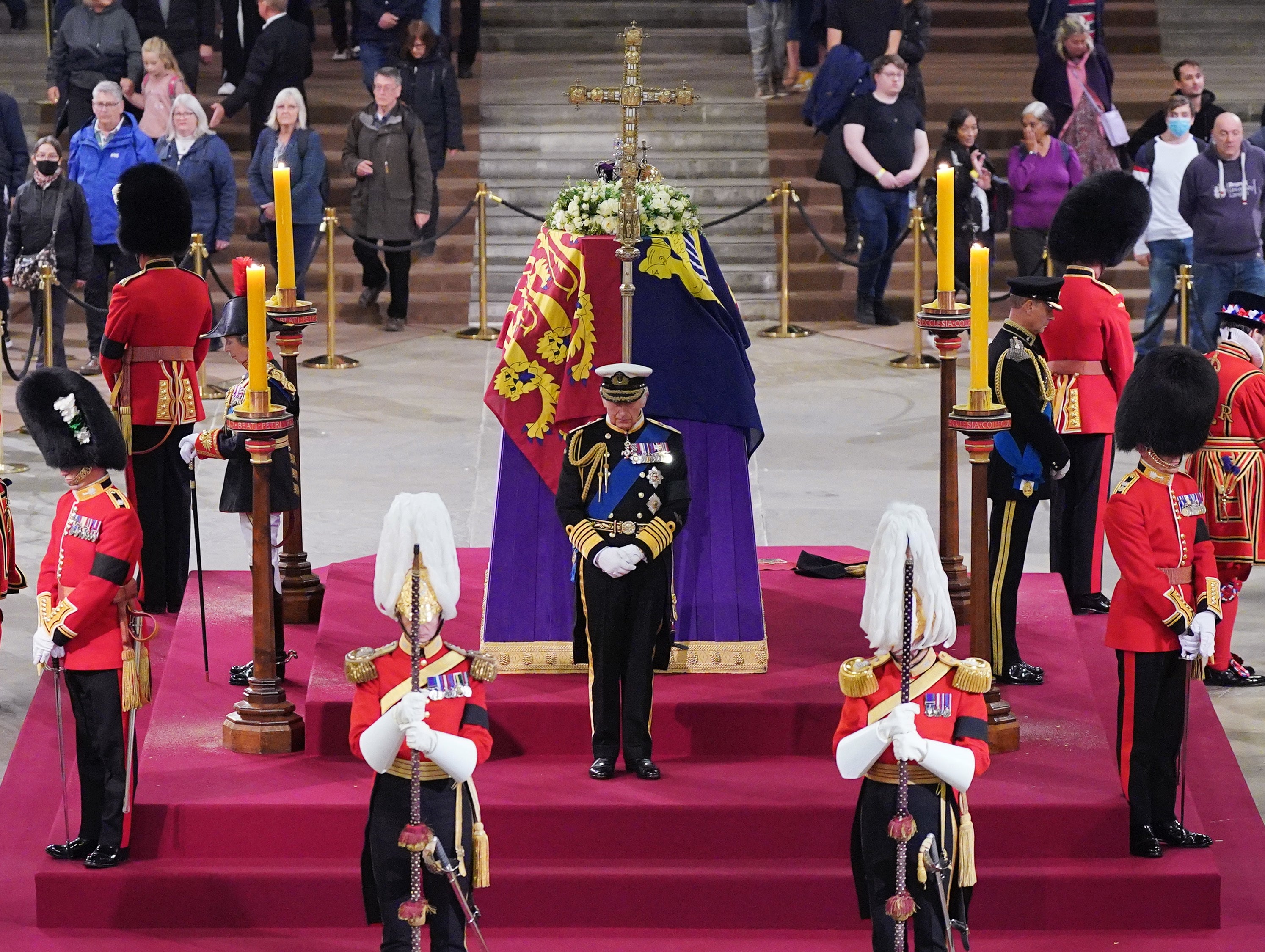 King Charles III, the Princess Royal, the Duke of York and the Earl of Wessex hold a vigil beside the coffin of their mother, Queen Elizabeth II, as it lies in state on the catafalque in Westminster Hall at the Palace of Westminster, London (Yui Mok/PA)