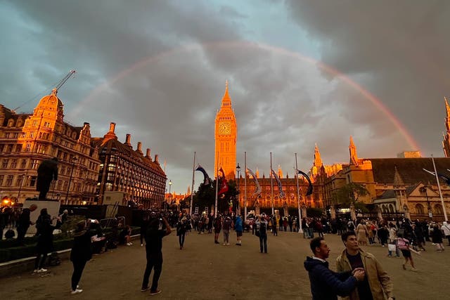 A rainbow was spotted over Westminster on the final evening of the Queen’s lying in state (@RobG_UK/Twitter)
