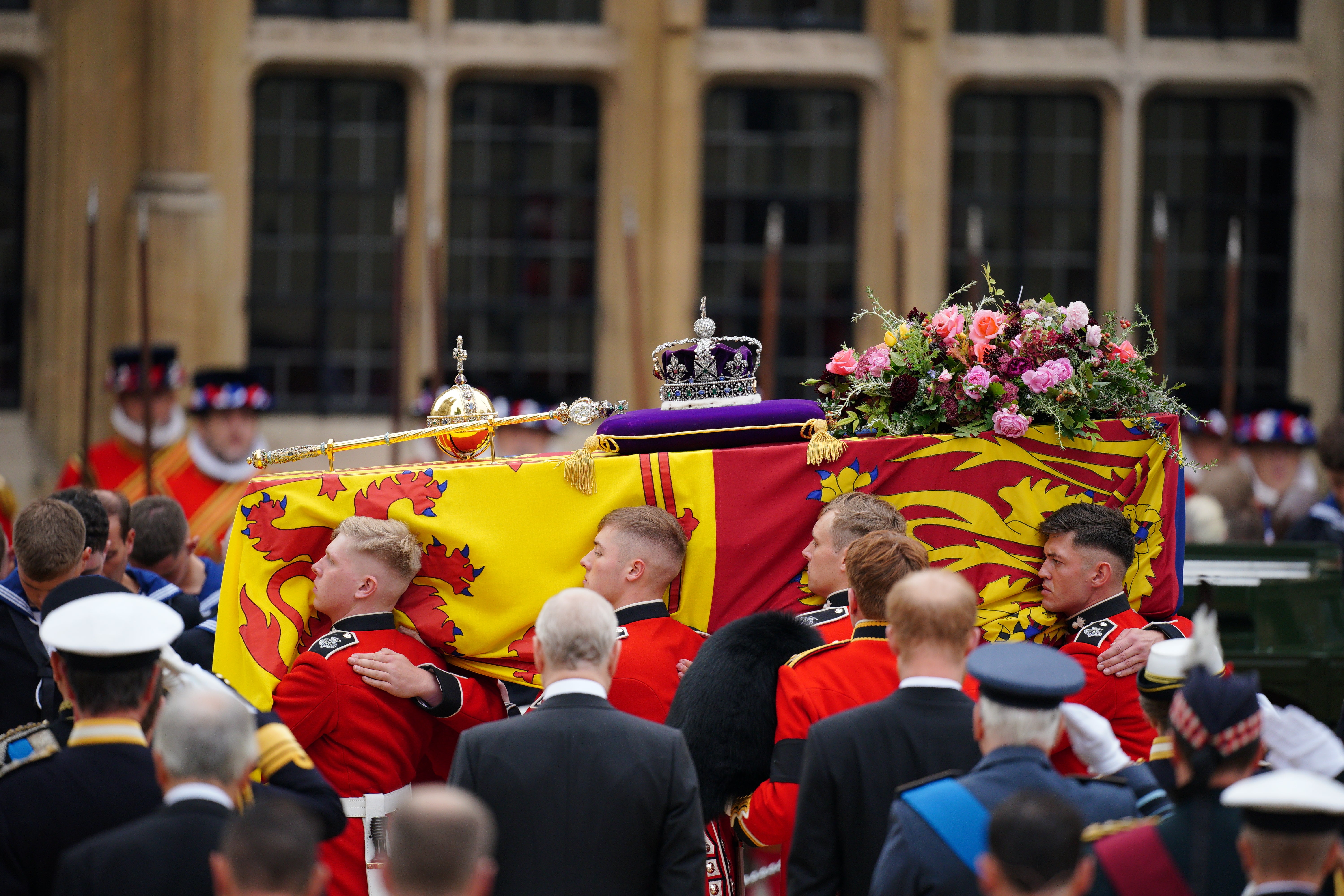 The Queen’s coffin is carried at the state funeral at Westminster Abbey, London (Pete Byrne/PA)
