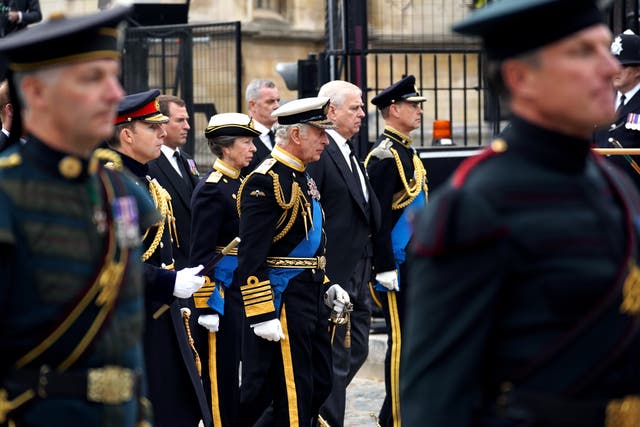 King Charles III, the Princess Royal, the Duke of York and the Earl of Wessex as the coffin of Queen Elizabeth II left Westminster Hall for the state funeral at Westminster Abbey (Yui Mok/PA)
