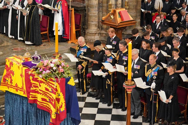 La familia real durante el funeral de estado de la Reina en la Abadía de Westminster (Dominic Lipinski/PA)