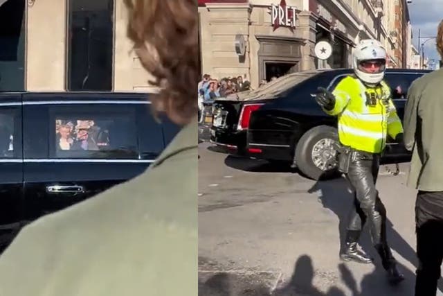 A member of the public was seen trying to approach Joe Biden’s car after it stopped in traffic in London (Joe Armitage)