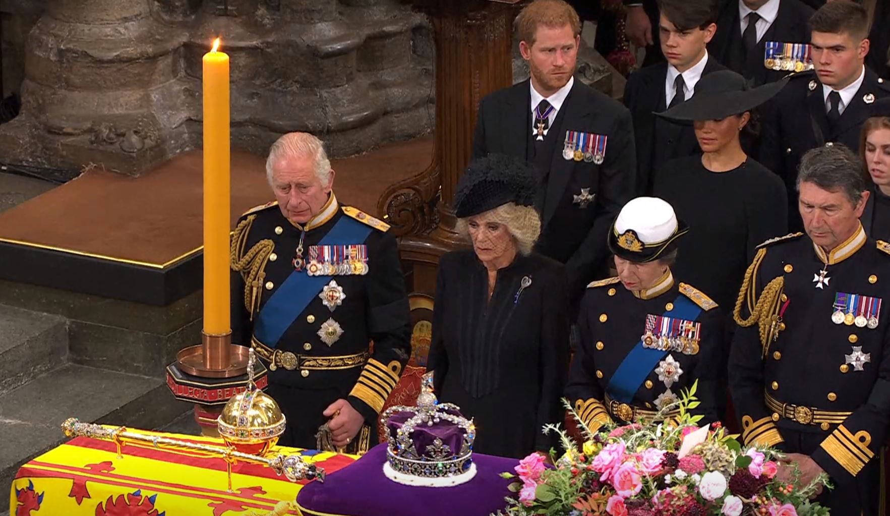 A sombre King Charles alongside his mother’s coffin in Westminster Abbey