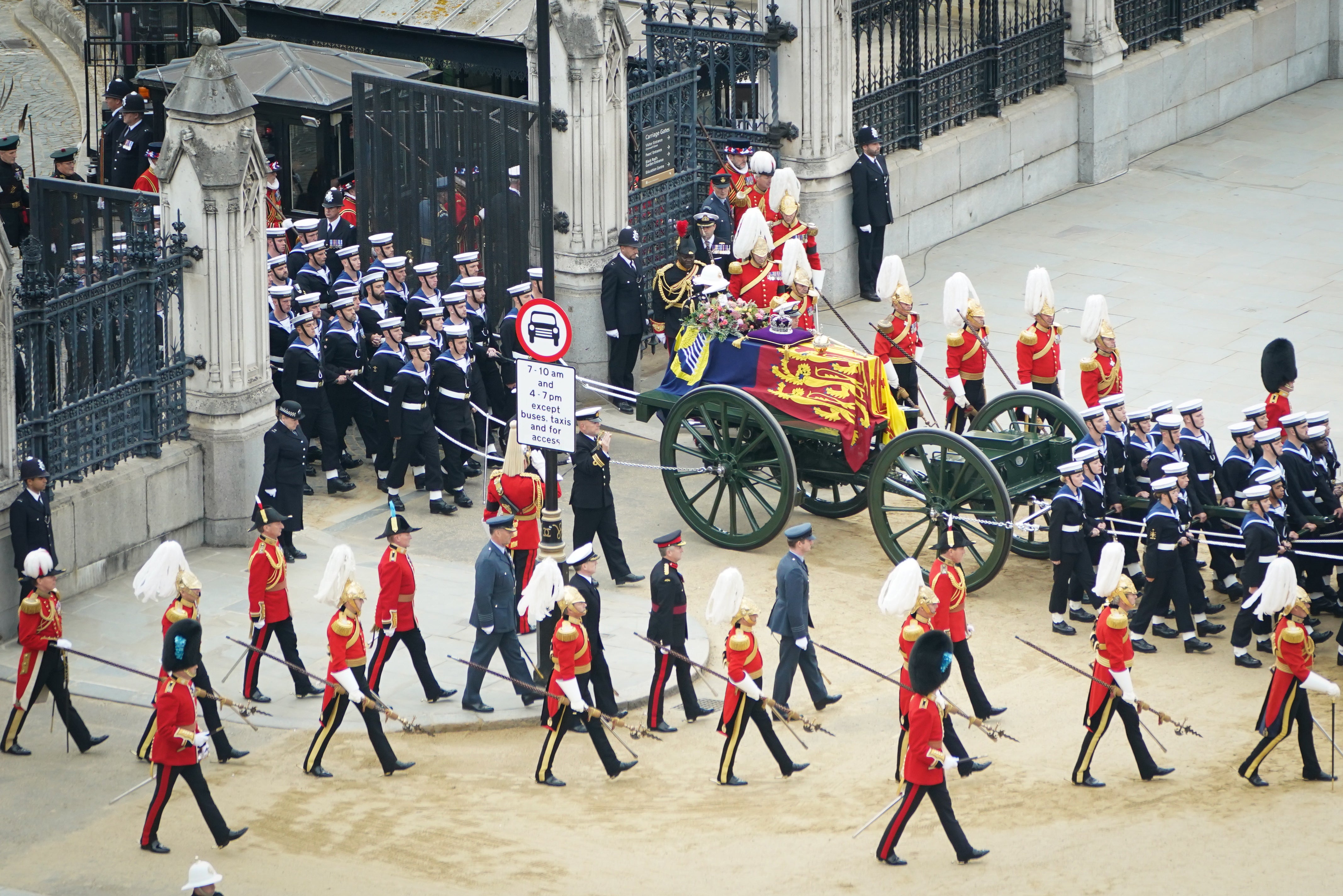 The State Gun Carriage left Westminster Hall carrying the Queen’s coffin, which had been lying in state (Stefan Rousseau/PA)