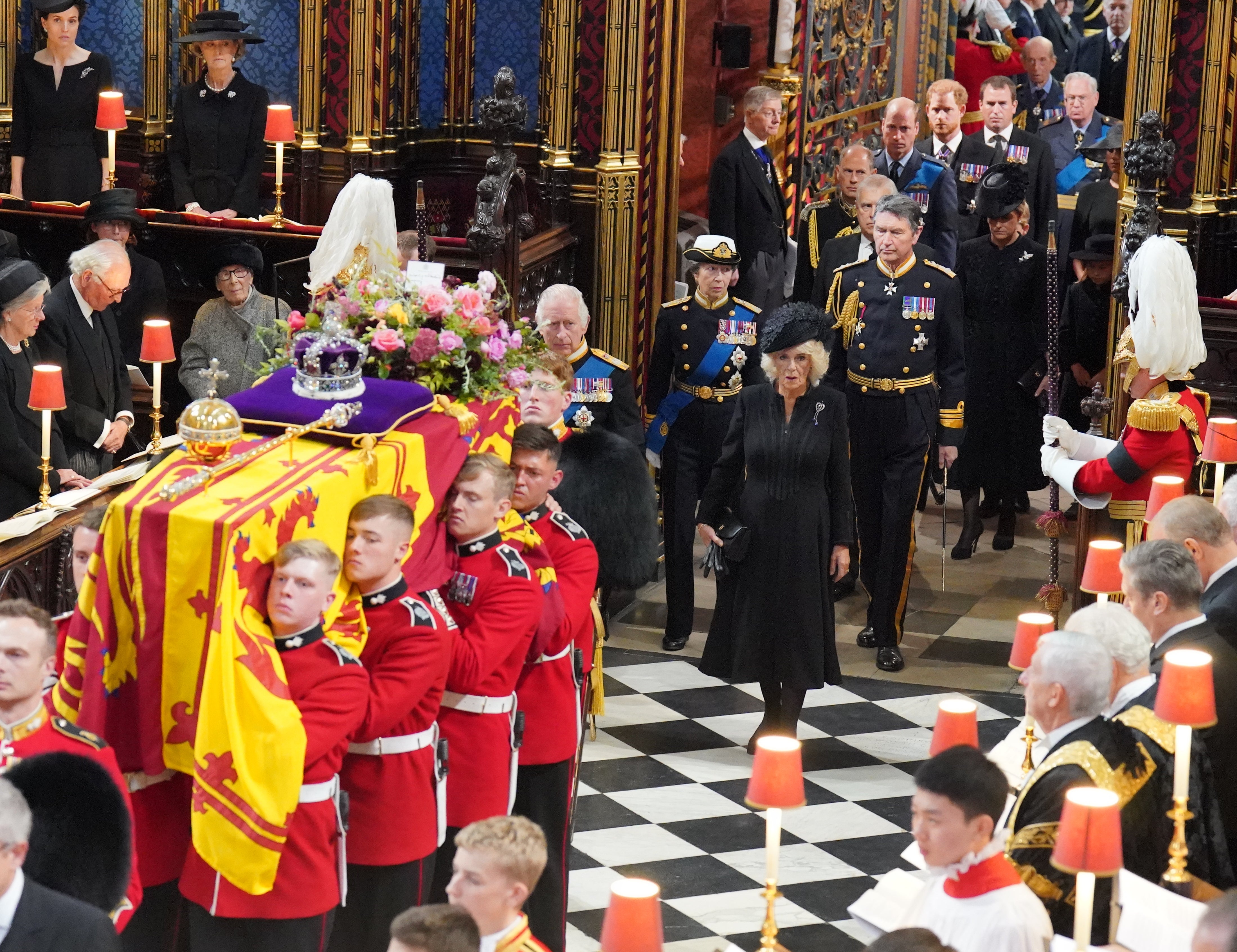 The coffin of Queen Elizabeth II is carried into Westminster. Dominic Lipinski/PA