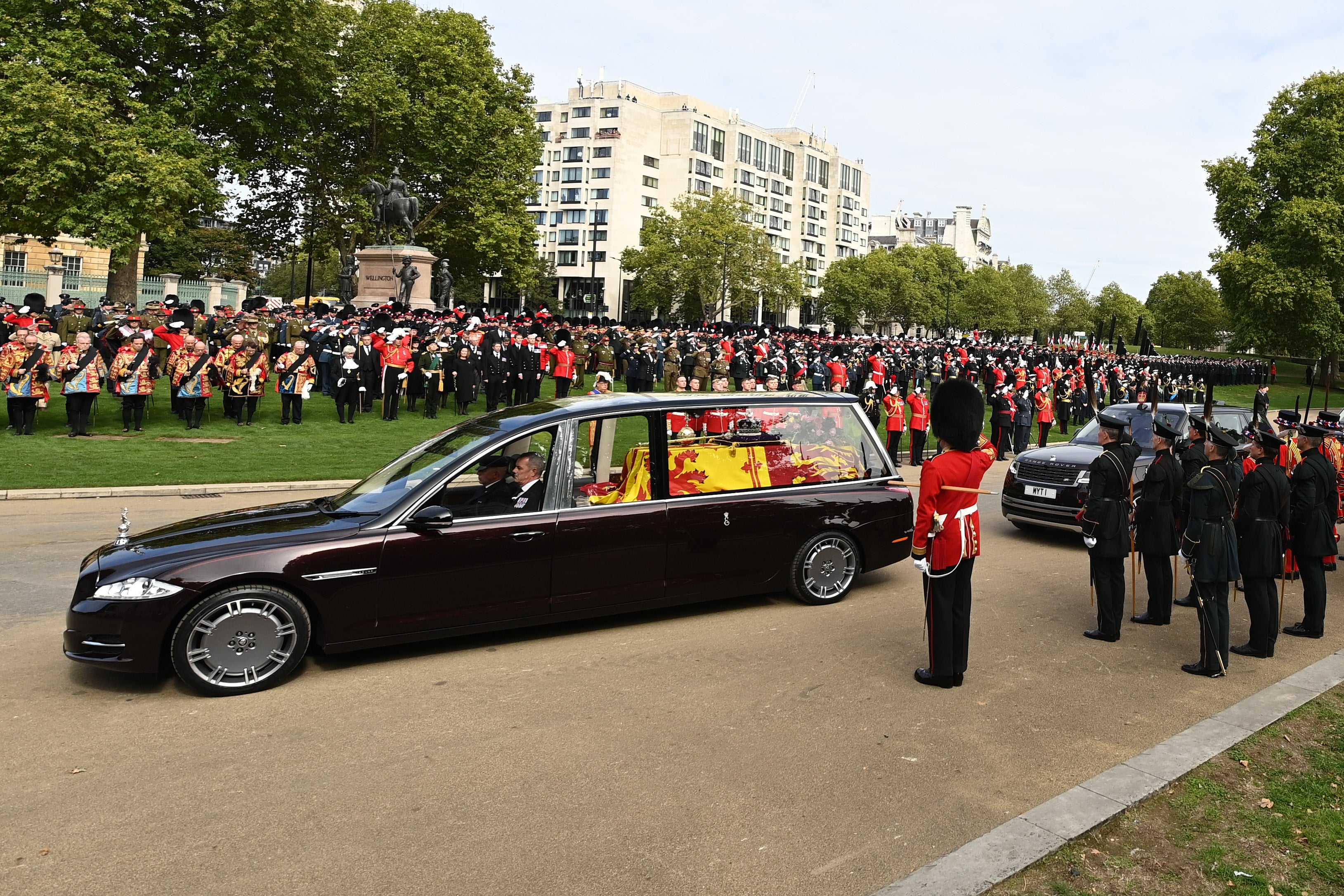 The Royal Hearse carries the Queen’s coffin away from Wellington Arch before heading to Windsor