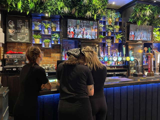 <p>Tearful bartenders watch the Queen’s funeral in The Lion pub in Treorchy (PA)</p>