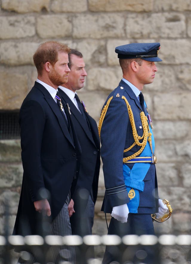 The Duke of Sussex, Peter Phillips and the Prince of Wales leaving the State Funeral of Queen Elizabeth II (PA)