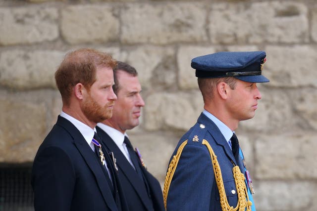 The Duke of Sussex, Peter Phillips and the Prince of Wales leaving the State Funeral of Queen Elizabeth II (PA)
