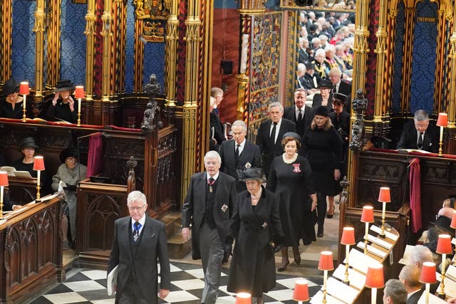 (left to right, from front) Former prime ministers Sir John Major and his wife Lady Norma Major, Tony Blair and his wife Cherie Blair, Gordon Brown and his wife Sarah Brown, David Cameron and his wife Samanatha Cameron, arriving at the State Funeral of Queen Elizabeth II, held at Westminster Abbey, London. Picture date: Monday September 19, 2022 (Dominic Lipinski/PA)