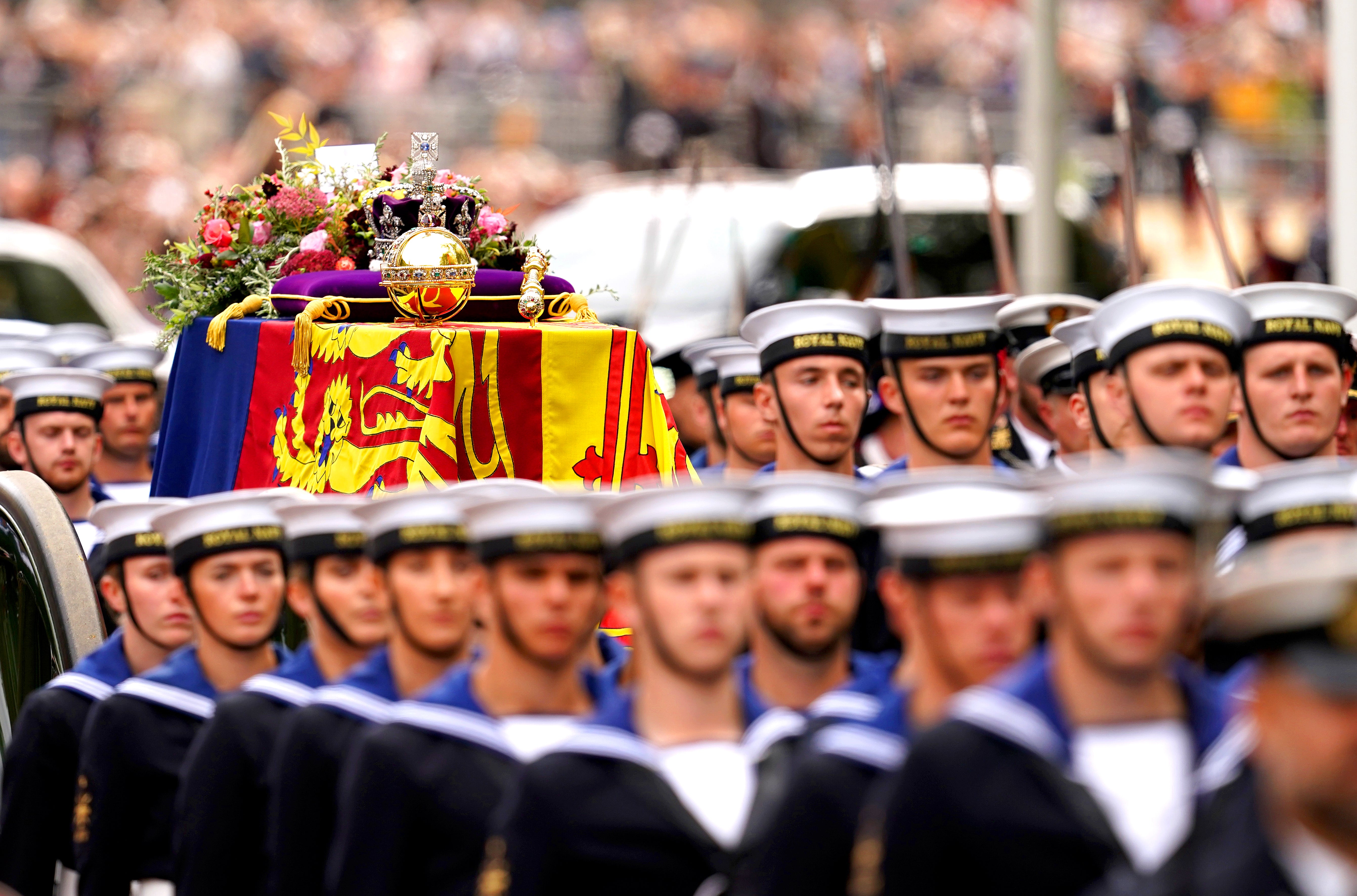 The Queen’s coffin being carried to Westminster Abbey