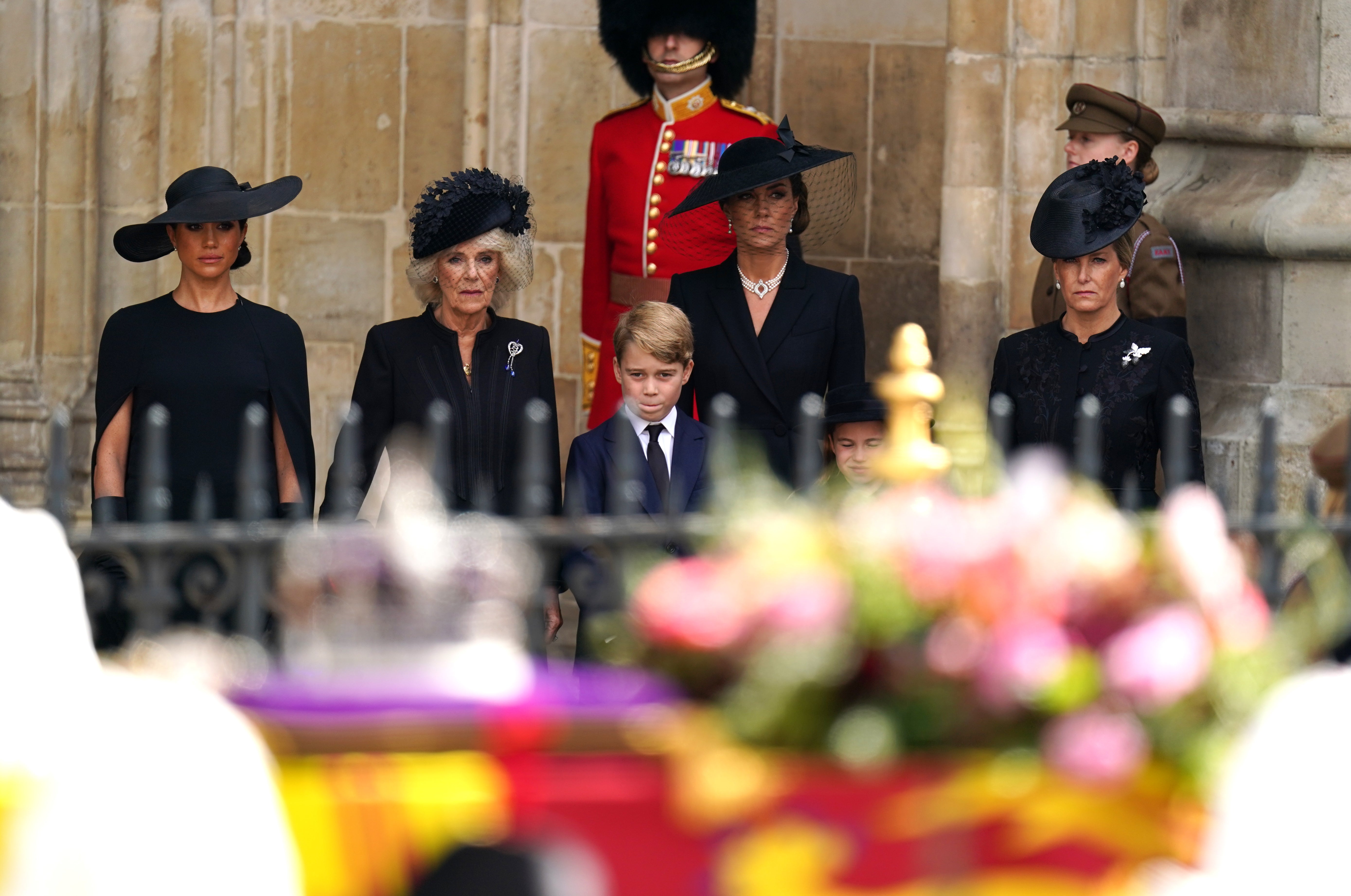 The Duchess of Sussex, the Queen Consort, Prince George, the Princess of Wales, Princess Charlotte and the Countess of Wessex after the state funeral of the Queen (Andrew Milligan/PA)