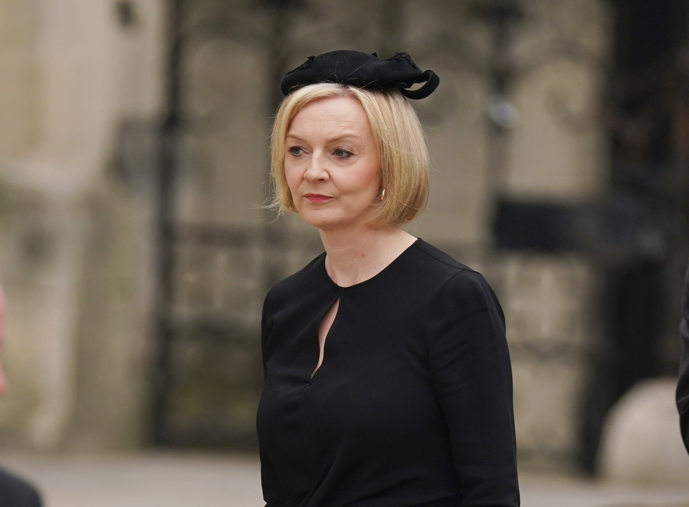 Prime Minister Liz Truss arrives for the state funeral of Queen Elizabeth II, held at Westminster Abbey (Andrew Milligan/PA)