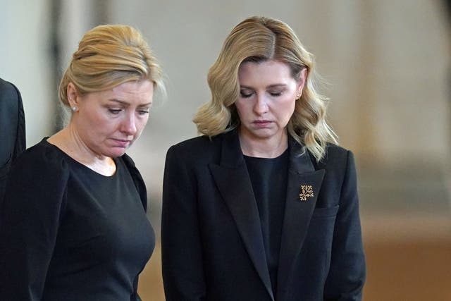 The first lady of Ukraine, Olena Zelenska (right), visits Westminster Hall for the Queen’s lying in state (Joe Giddens/PA)