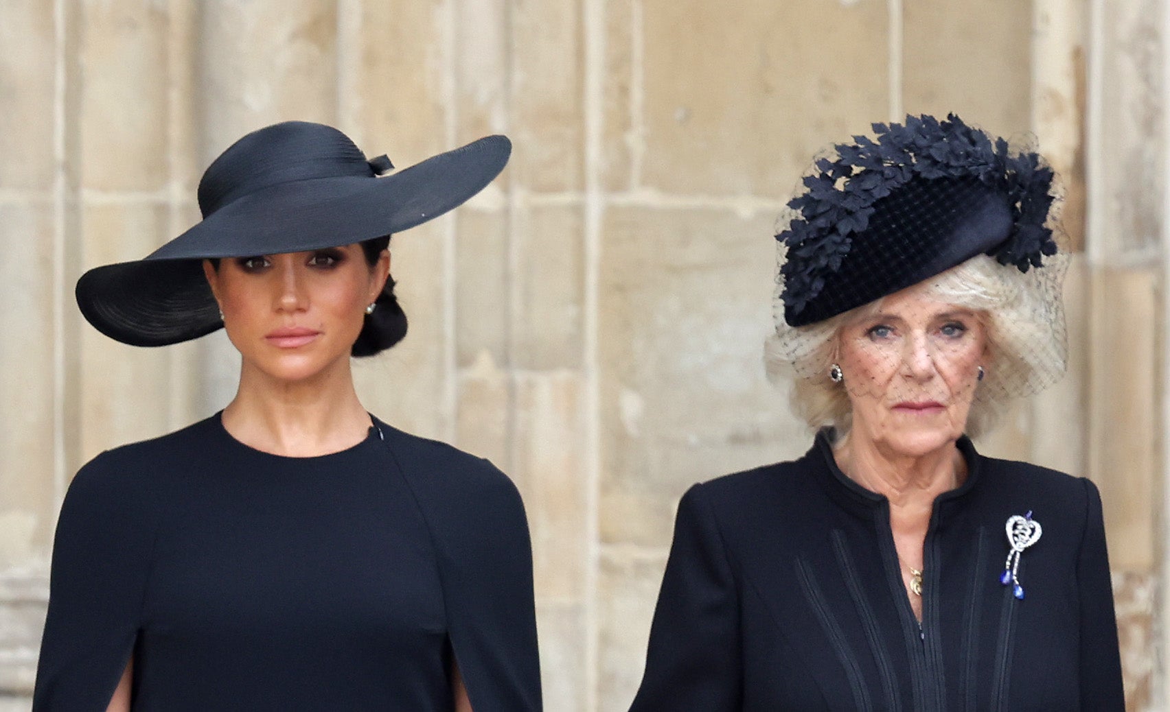 Meghan Markle and Camilla, the Queen Consort, at the funeral of the late Queen Elizabeth.