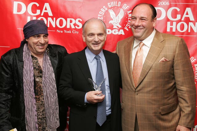 <p>Steve Van Zandt, Sopranos creator David Chase, and James Gandolfini in 2006</p>