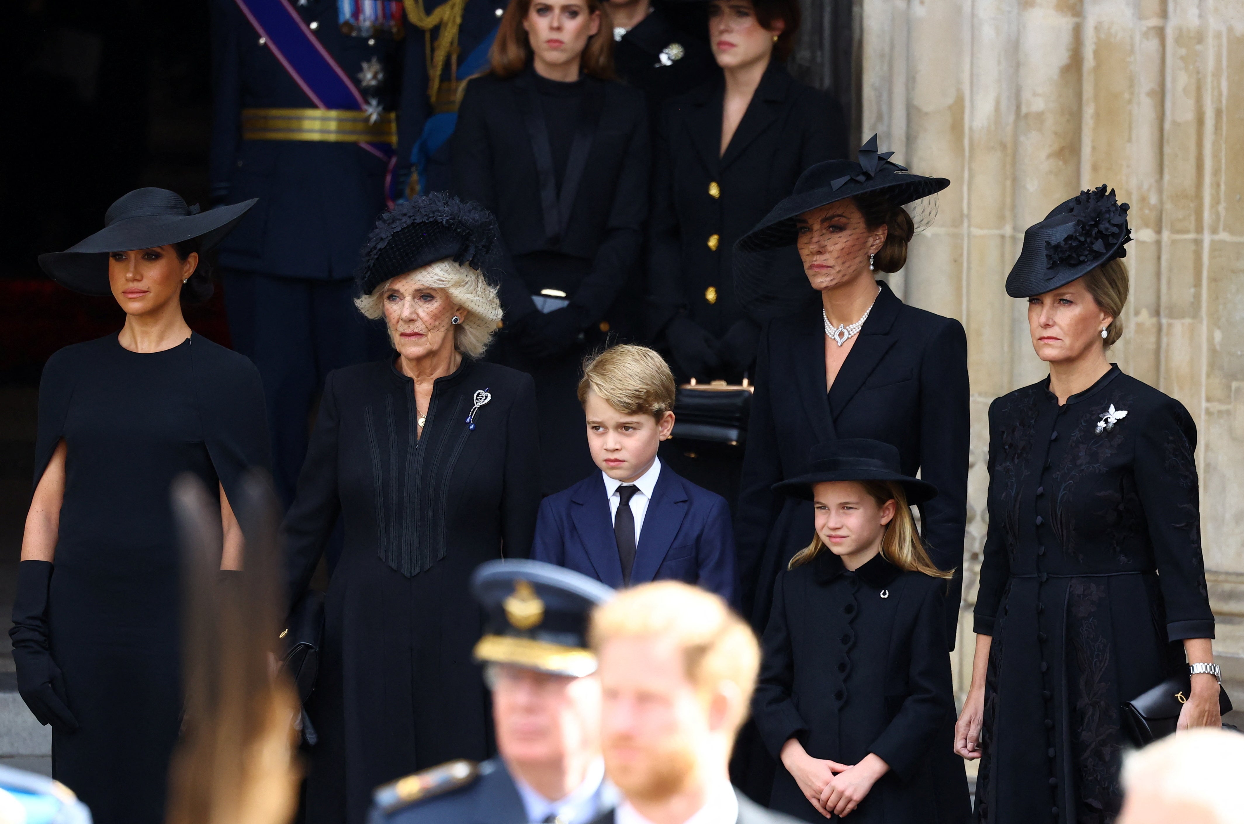 The Duchess of Sussex, Queen Consort, Prince George, Princess Charlotte, the Princess of Wales, and Sophie, Countess of Wessex outside Westminster Abbey