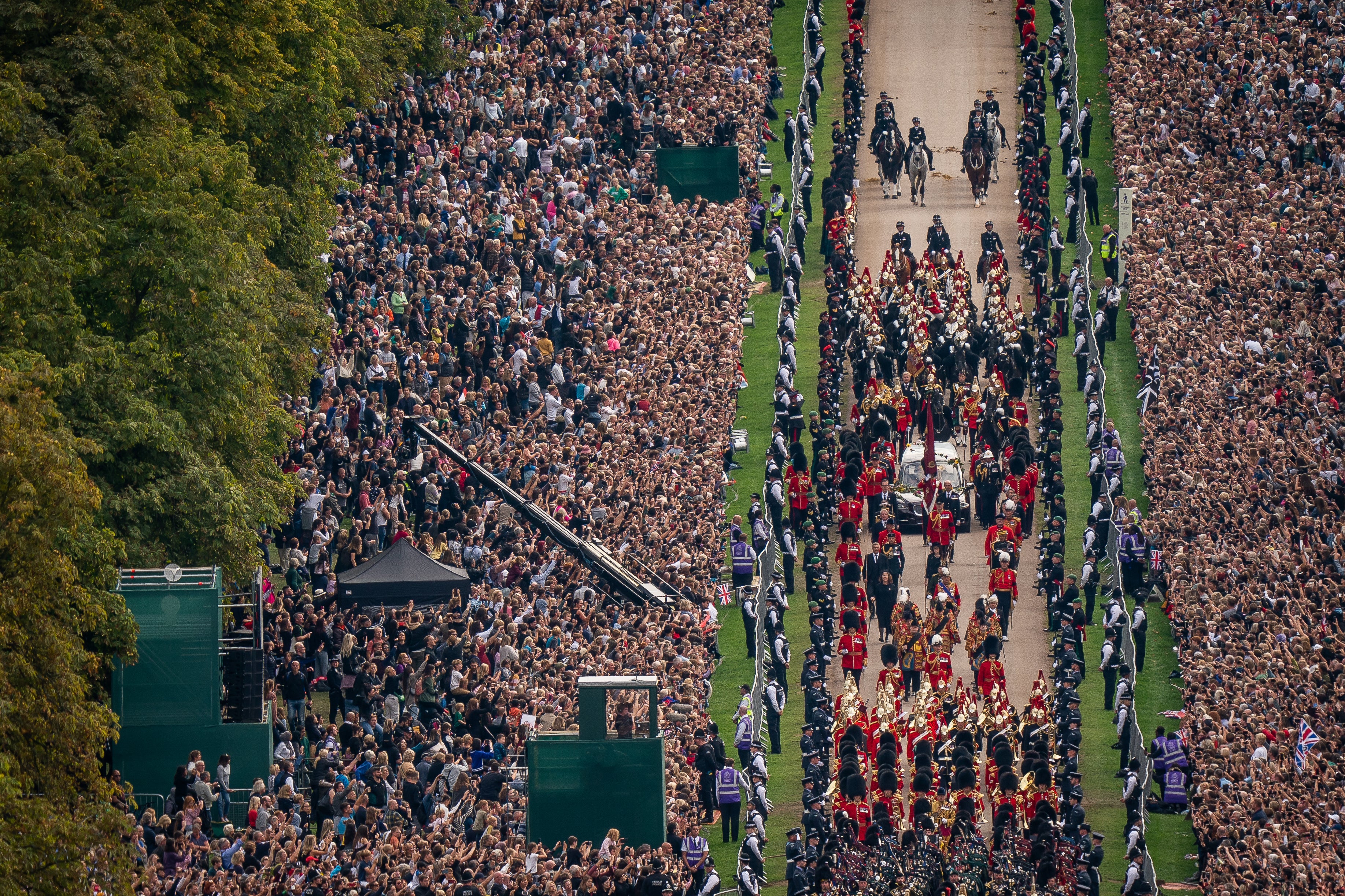 The Ceremonial Procession of the coffin of Queen Elizabeth II travels down the Long Walk as it arrives at Windsor Castle for the Committal Service at St George’s Chapel