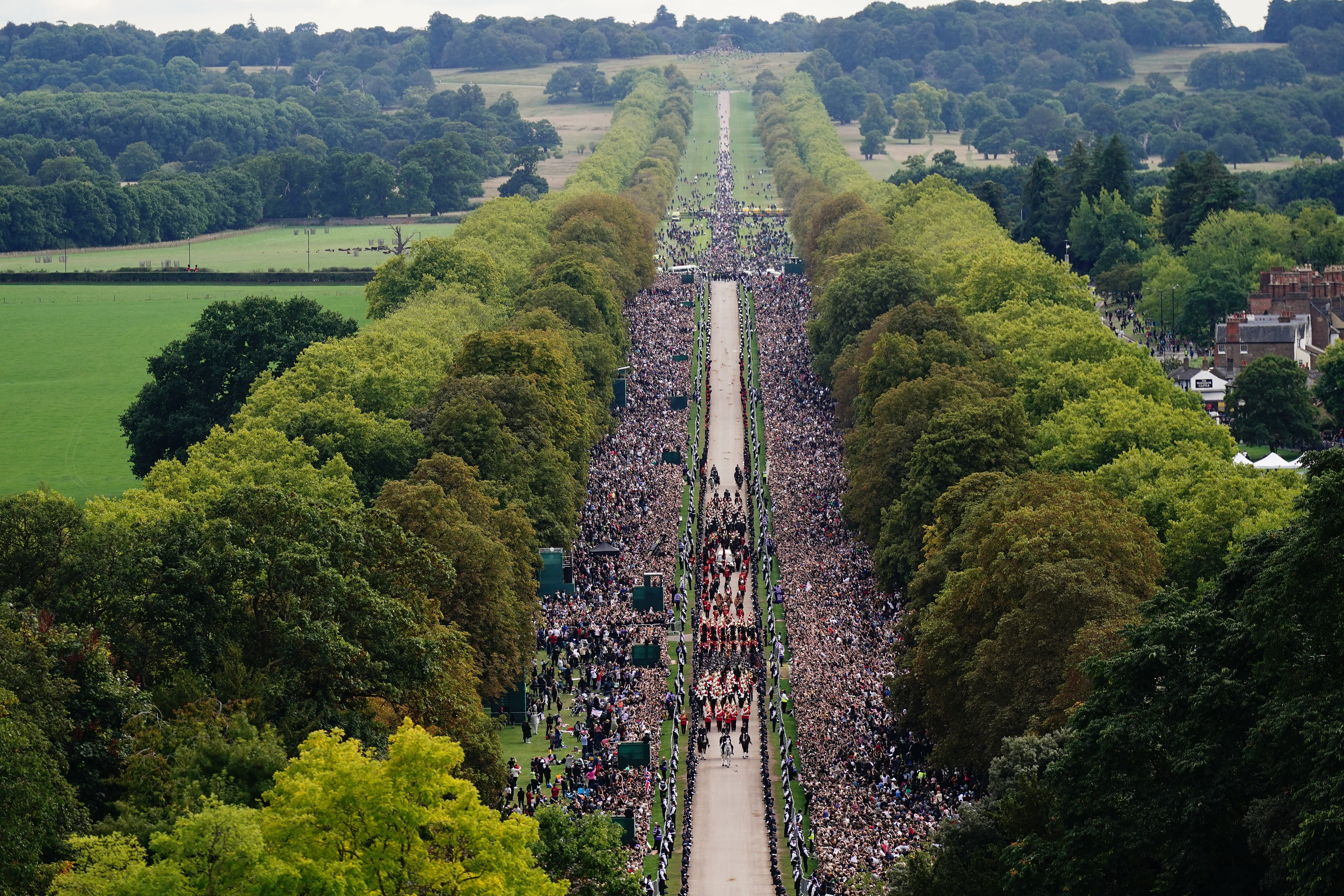 The Ceremonial Procession of the coffin of the Queen travels down the Long Walk at Windsor Castle (Aaron Chown/PA)