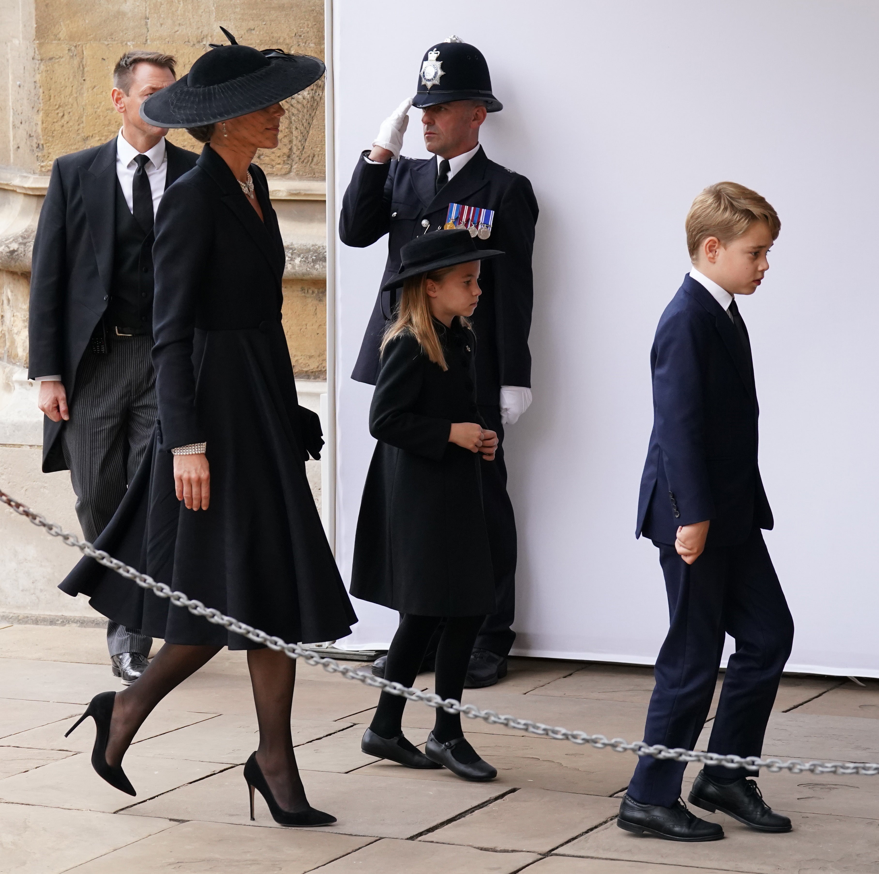 The Princess of Wales, Prince George and Princess Charlotte arrive at the Committal Service for Queen Elizabeth II held at St George’s Chapel in Windsor Castle, Berkshire. (Kirsty O’Connor/PA)