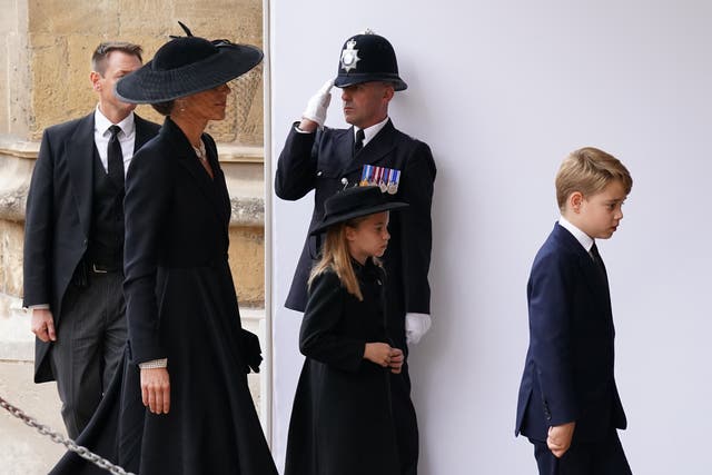 The Princess of Wales, Prince George and Princess Charlotte arrive at the Committal Service for Queen Elizabeth II held at St George’s Chapel in Windsor Castle, Berkshire. (Kirsty O’Connor/PA)