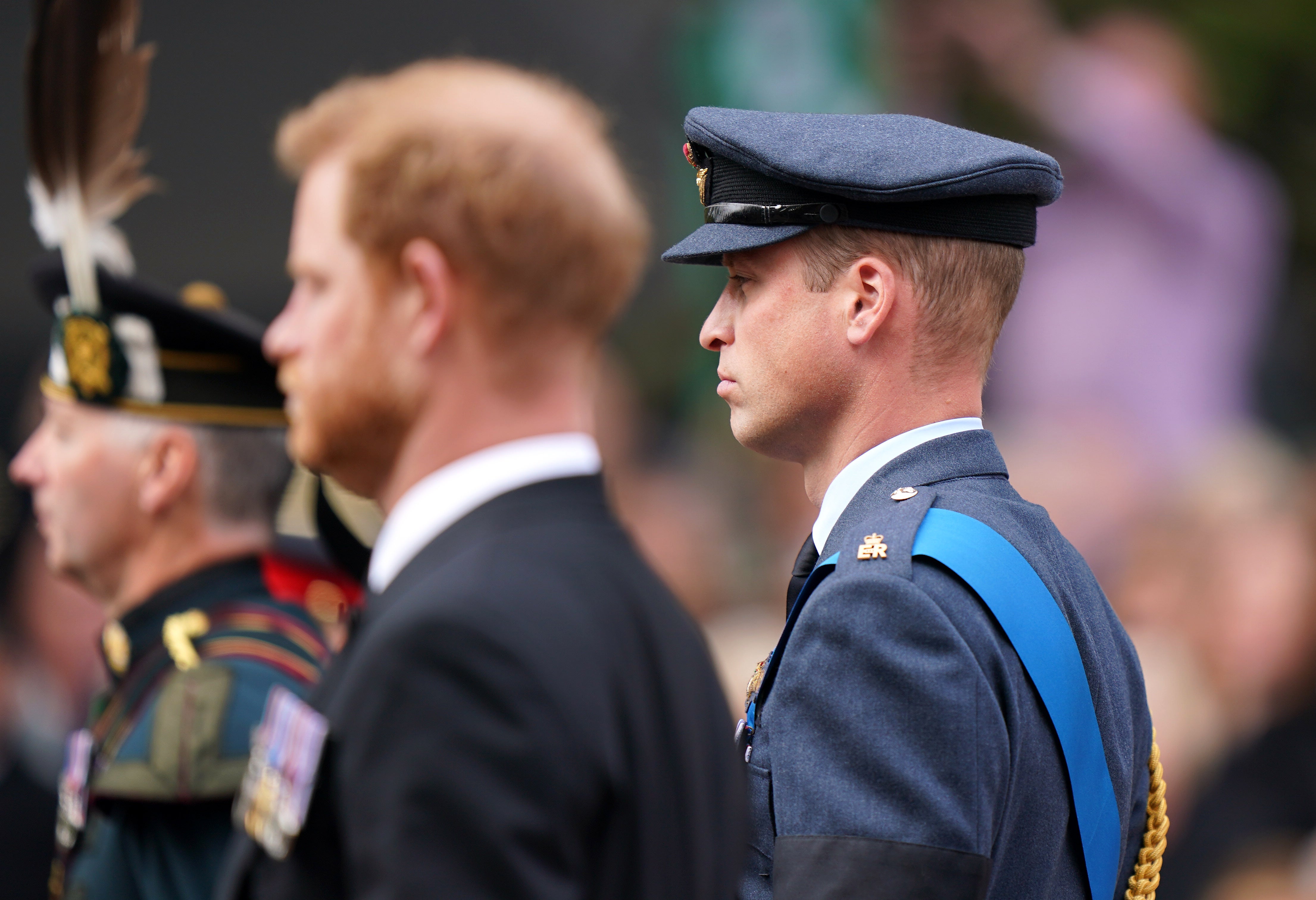 The Prince of Wales and the Duke of Sussex, in the ceremonial procession following the Queen’s state funeral at Westminster Abbey, London (Tim Goode/PA)