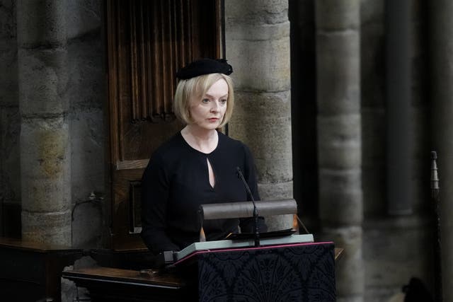 The Prime Minister Liz Truss speaks during the State Funeral of Queen Elizabeth II at Westminster Abbey, London (Frank Augstein/PA)