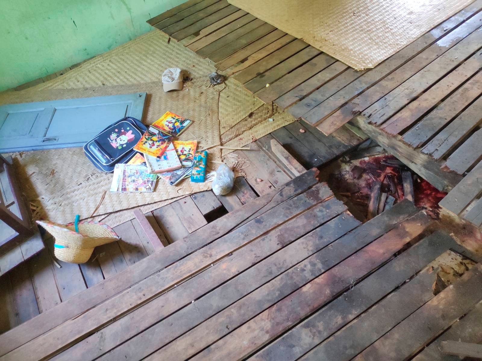 A child's backpack and school books are seen at a local school that was damaged by an air attack carried out by the Myanmar military against the People Defense Force, in Sagaing