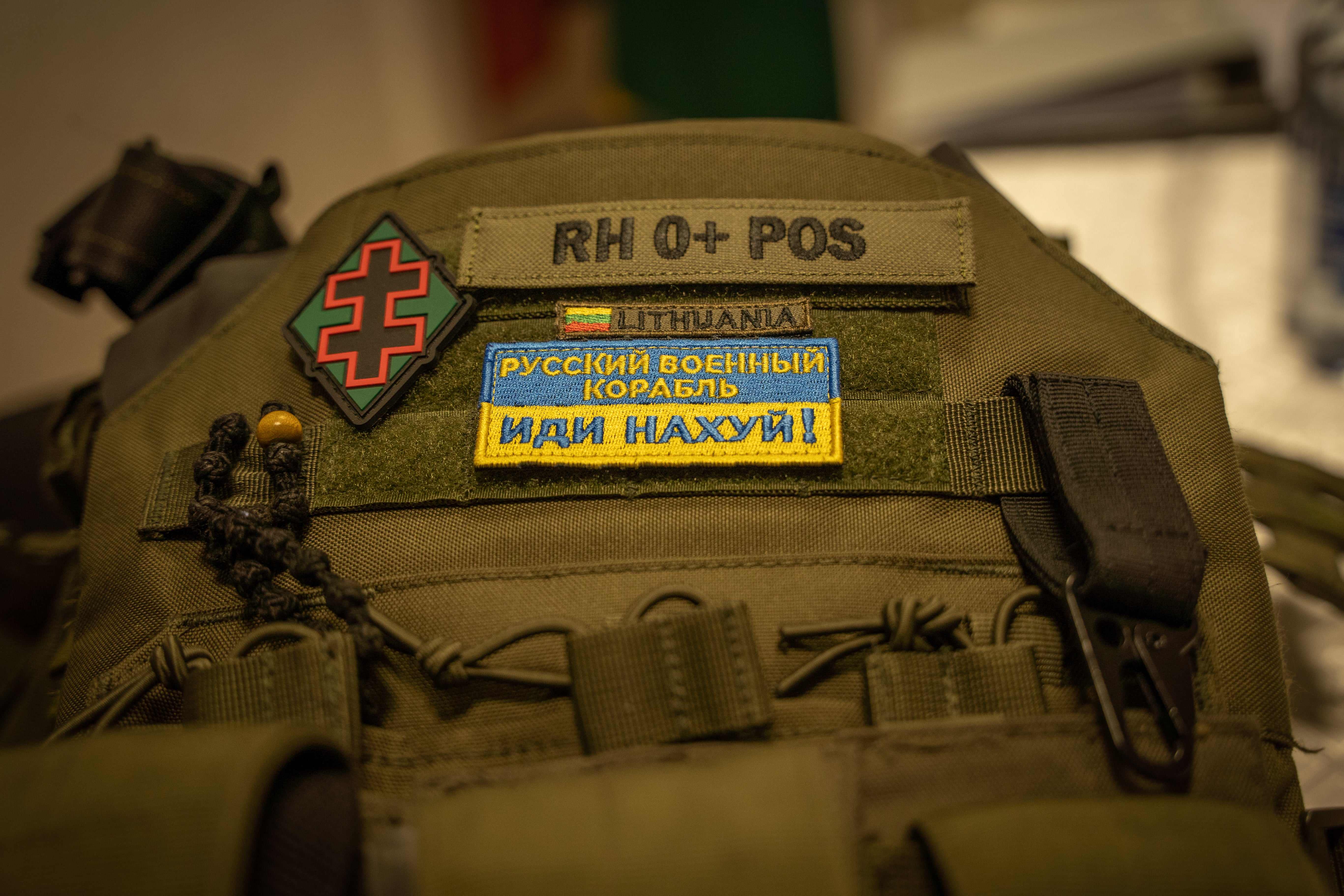 A patch on body armour issued for the Lithuanian Riflemen’s Union reads ‘Russian ships go f*** yourself’