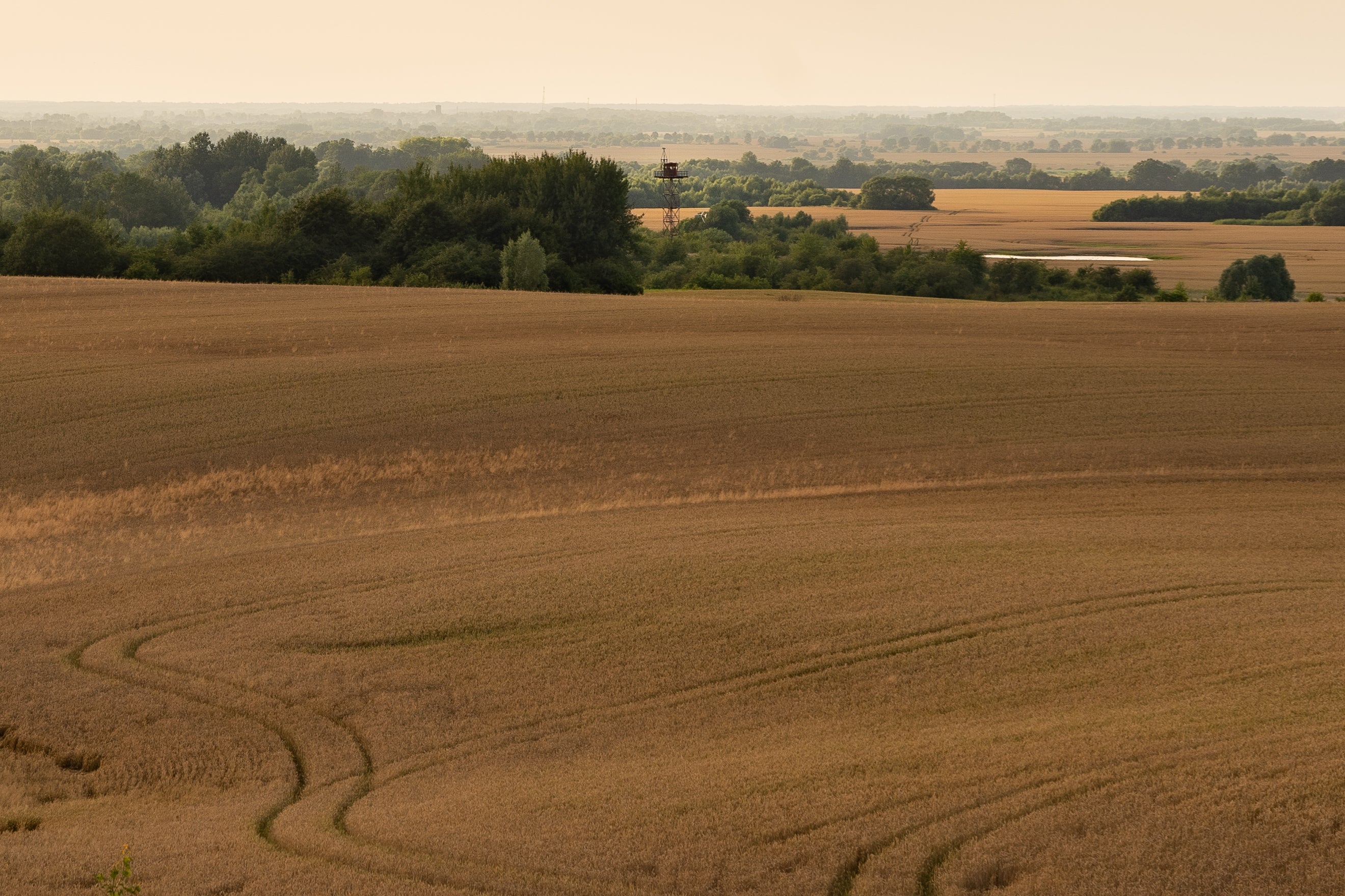 A Russian lookout tower in the Moscow enclave of Kaliningrad next to the sprawling Lithuanian countryside
