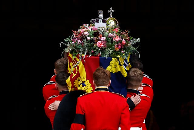<p>Pallbearers carry the coffin of Queen Elizabeth II with the Imperial State Crown resting on top into St. George’s Chapel, Windsor</p>