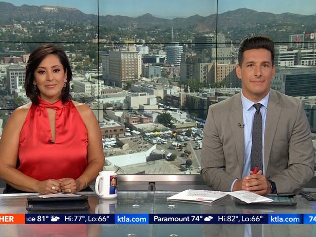 <p>Former KTLA-TV news host Lynette Romero and Mark Mester, who reports suggest has been suspended </p>
