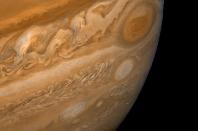 <p>The planet Jupiter and its Great Red spot, a massive storm that has been raging for centuries in the atmosphere of the gas giant</p>