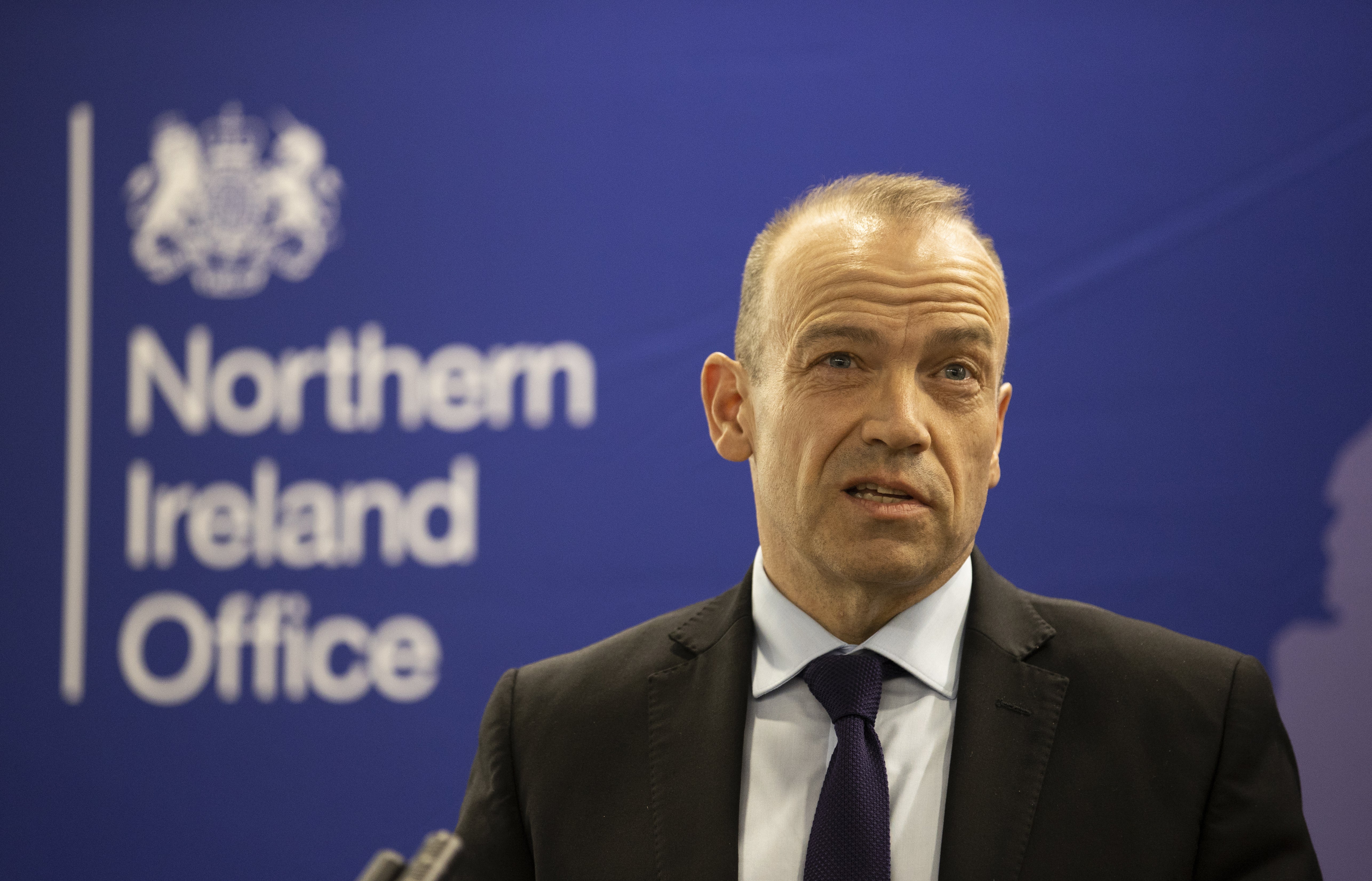 Chris Heaton-Harris, Secretary of State for Northern Ireland, during a press conference at NIO offices at Erskine House in Belfast (PA)