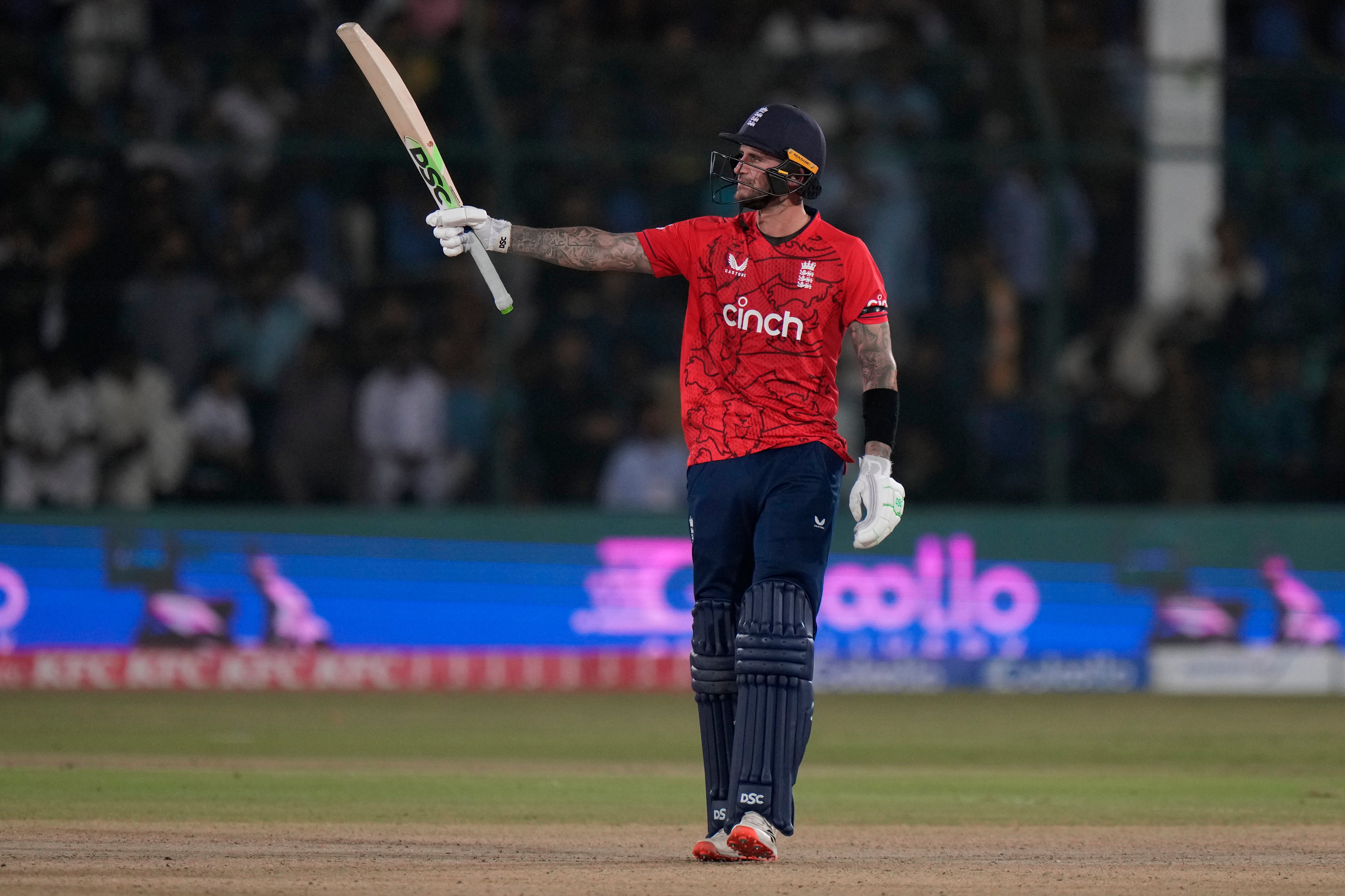 Alex Hales celebrates his half-century in Karachi (Anjum Naveed/AP)