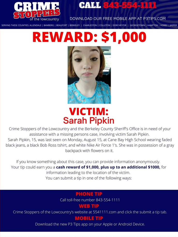 A $1,000 reward is being offered for information about Sarah Pipkin, who went misisng on 15 August