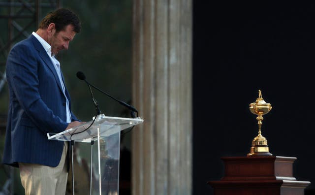 Europe’s captain Nick Faldo appears dejected during his speech in the the 37th Ryder Cup closing ceremony at Valhalla Golf Club (Nick Potts/PA)