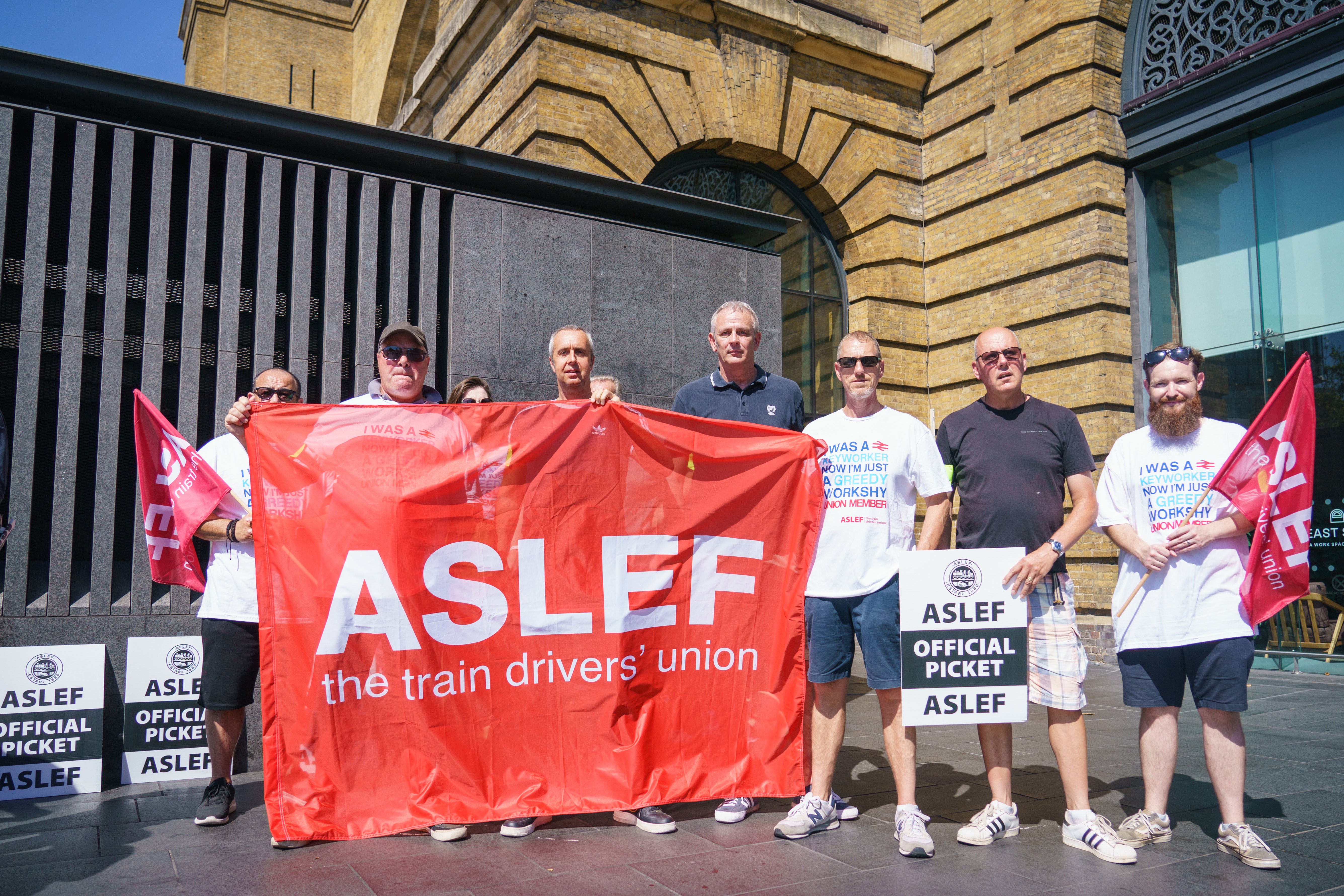 Aslef members at a picket line at Kings Cross station in London last month. More strikes are set to be held (Dominic Lipinski/PA)