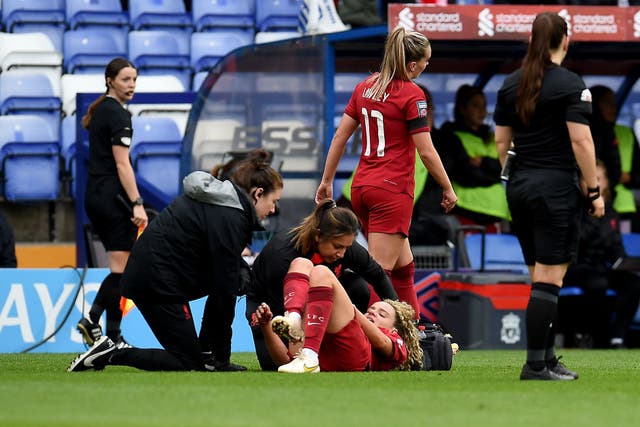 <p>Kiernan injured her ankle in Liverpool’s shock win over Chelsea</p>