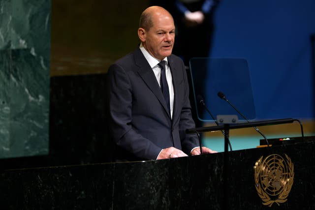 <p>German chancellor Olaf Scholz speaks during the 77th session of the United Nations General Assembly (UNGA) at UN headquarters in New York City</p>