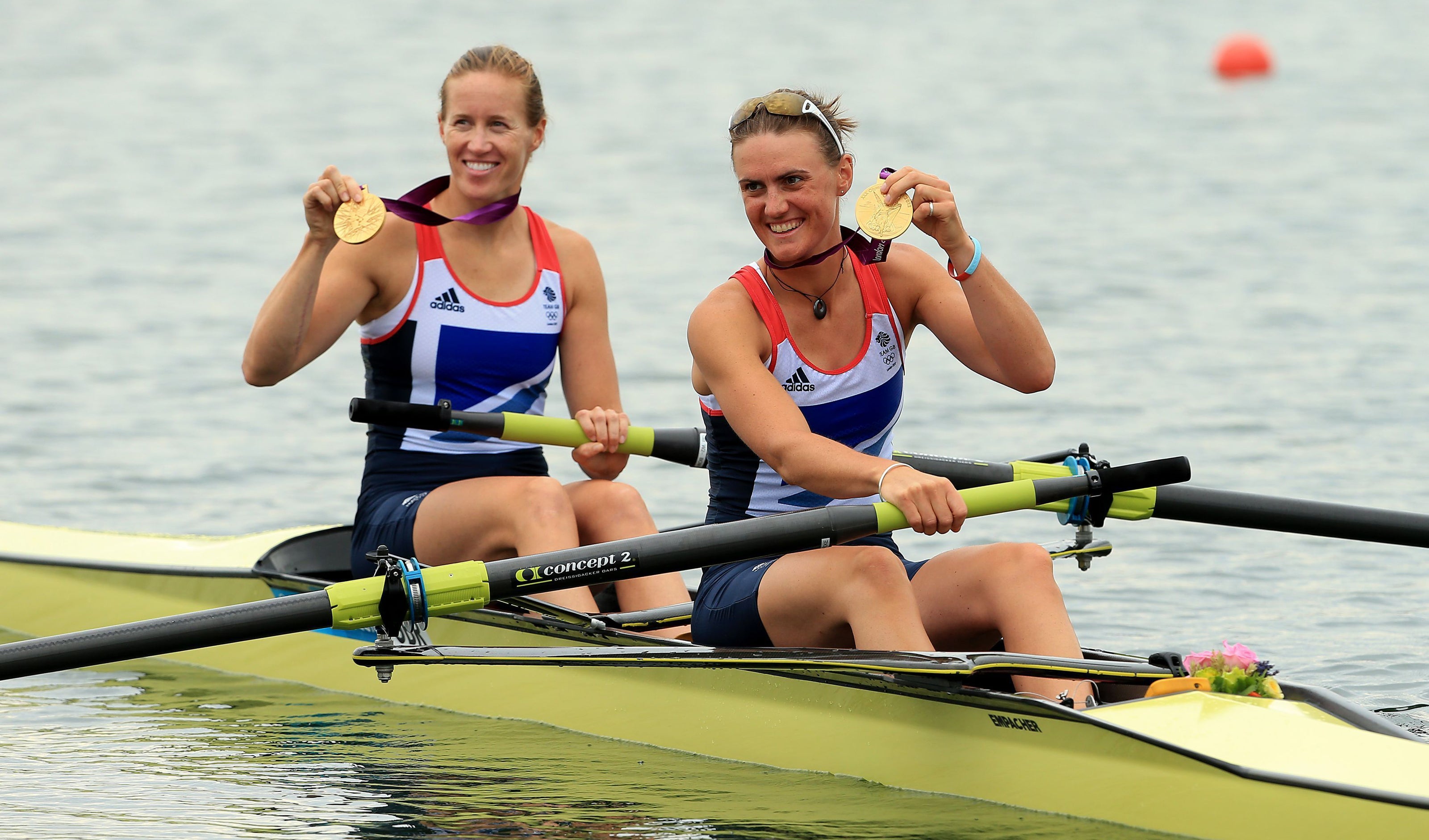 Team GB’s Helen Glover (L) and Heather Stanning after winning gold at the London 2012 Games (Stephen Pond/PA)