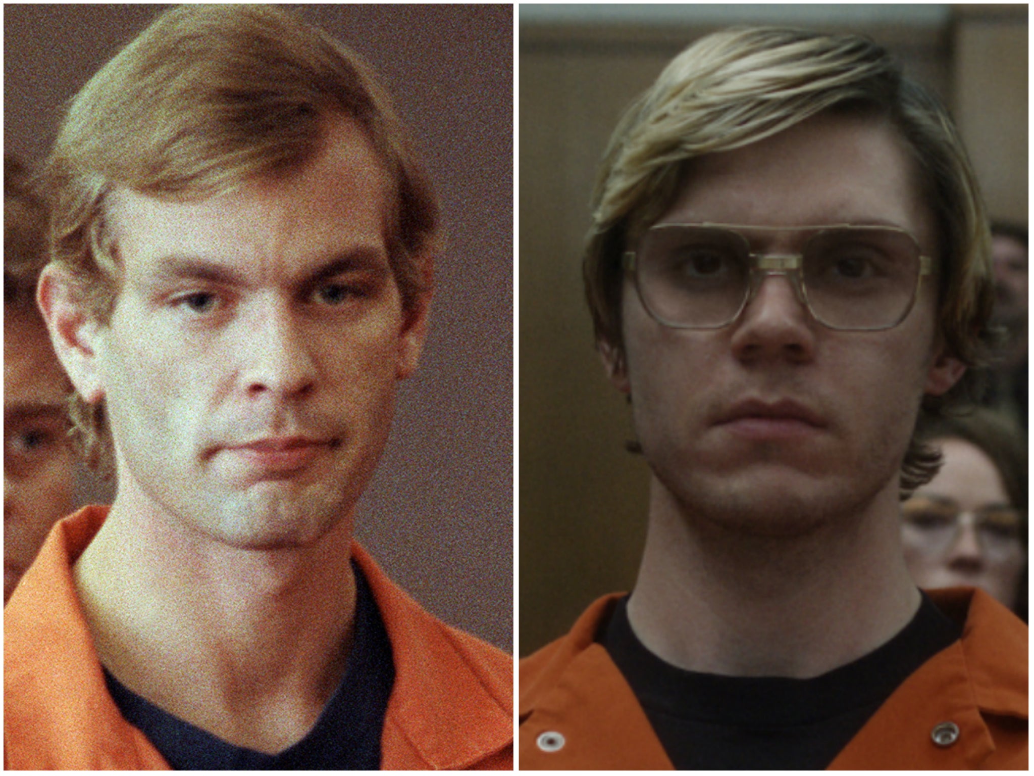 <p>Jeffrey Dahmer, left, is portrayed by Evan Peters in Netflix’s new drama </p>