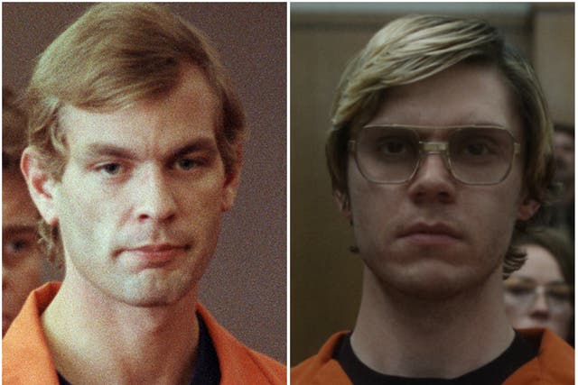 <p>Jeffrey Dahmer (izquierda) interpretado por Evan Peters en el nuevo drama de Netflix </p>