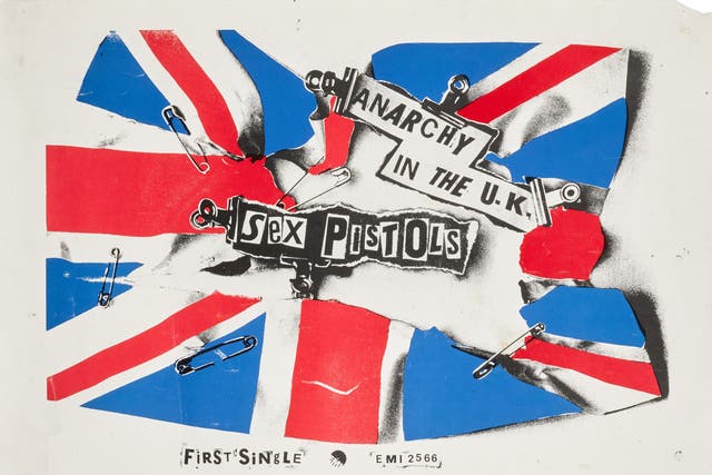 Lot 14, Jamie Reid, Anarchy in the UK, promotional poster, owned by Sid Vicious, est £3,000- 5,000 (Sotheby’s/PA)