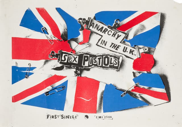 Lot 14, Jamie Reid, Anarchy in the UK, promotional poster, owned by Sid Vicious, est £3,000- 5,000 (Sotheby’s/PA)