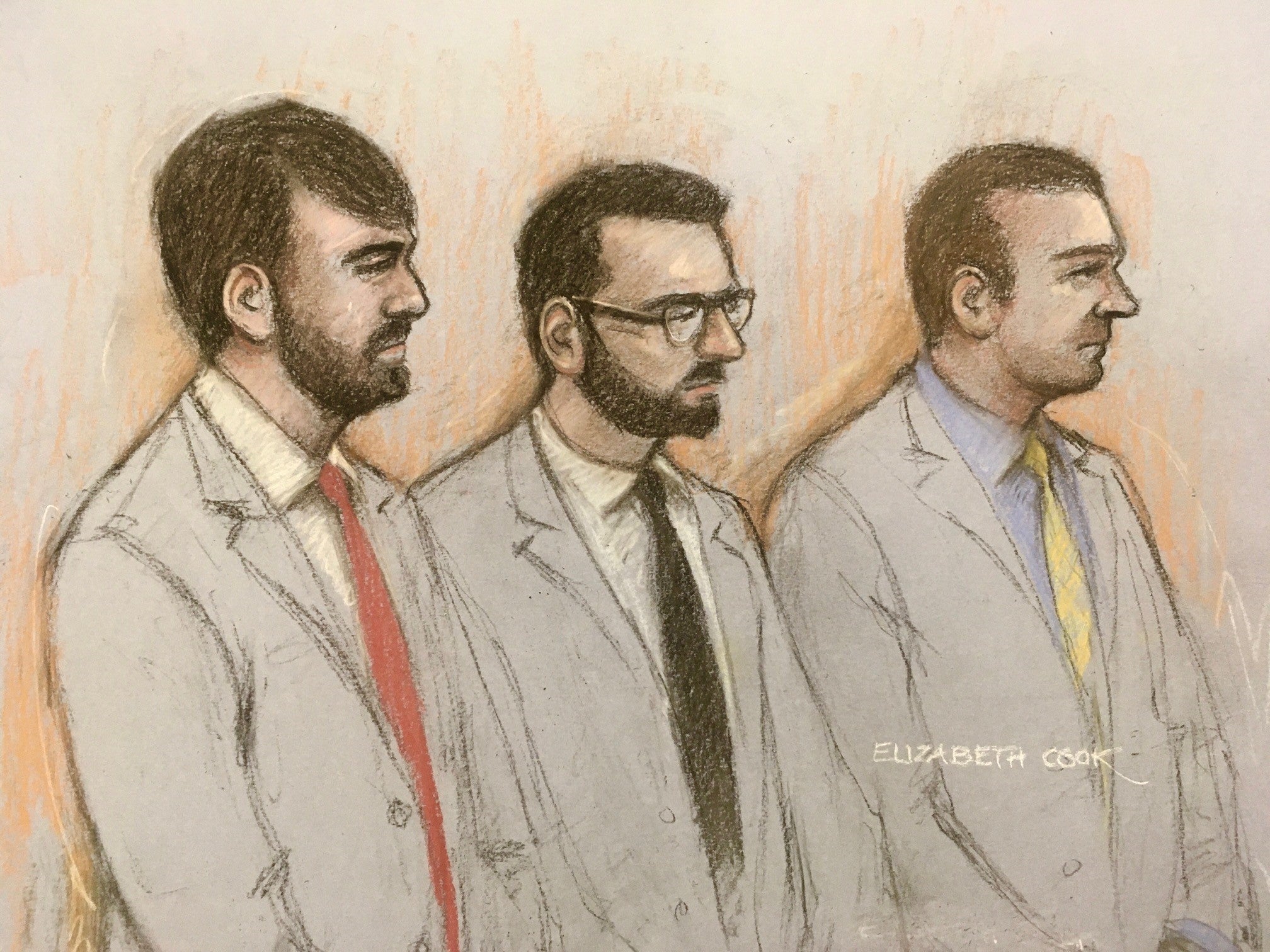 A court artist sketch of Jonathon Cobban, centre, and Joel Borders, right, during the trial (Elizabeth Cook/PA