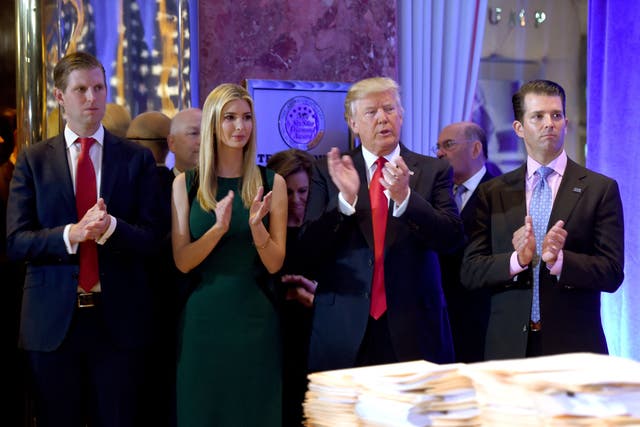 <p>Donald Trump along with his children (from left) Eric, Ivanka and Donald Jr. at a press conference on 11 January 2017 at Trump Tower in New York</p>
