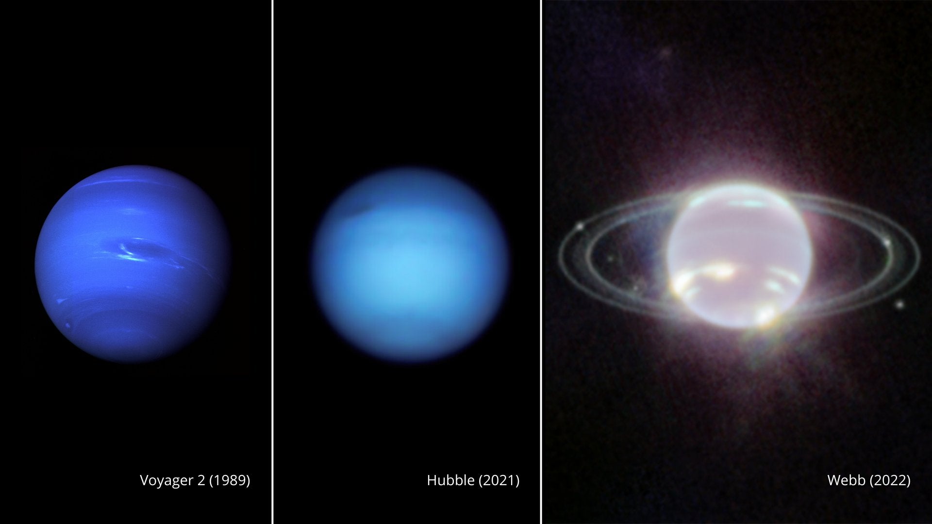 Neptune as seen in visible light by the Voyager 2 spacecraft and the Hubble Space Telescope, and now in infrared light in the newest image from the James Webb Space Telescope